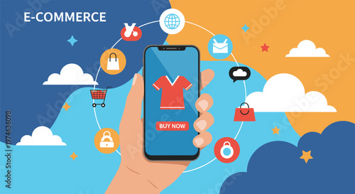 Human hand holding a smartphone for mobile online shopping with e-commerce icons floating around on a blue and orange background.