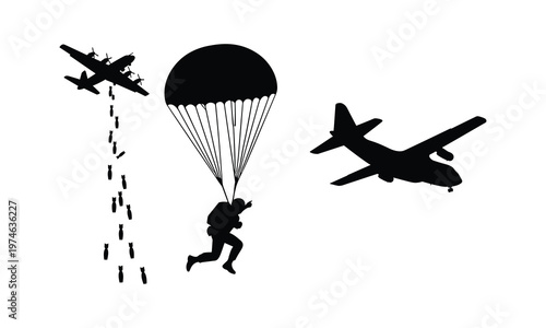 Military aircraft and paratrooper silhouette illustration: vector line art for wartime scenarios.