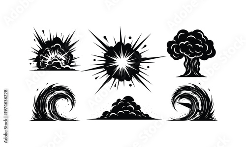 Atomic blast and smoke cloud silhouettes for creative design vector illustration line art.