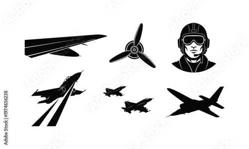 Air force fighter jets and pilot with propeller black silhouette vector illustration.