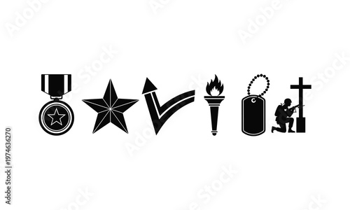 Military award star torch dog tag soldier cross vector illustration.