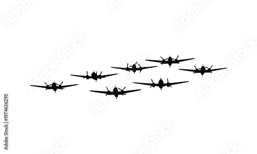 Military bomber planes flying in formation silhouette illustration: vector line art group.