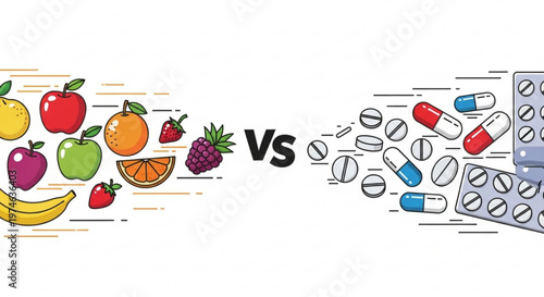 Healthy fresh fruits versus pharmaceutical pills medical health comparison flat vector illustration for nutrition and wellness concepts