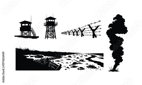 Military watchtowers barbed wire battlefield scene black silhouette vector illustration.