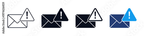 Spam Email alert icon set. mail envelope with warning triangle icons in thin line, bold, solid, and blue flat styles for spam or alert alerts.