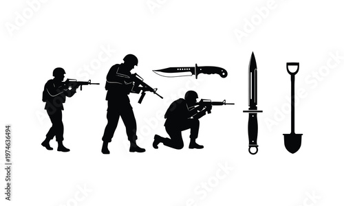 Soldier combat silhouettes with rifle knife and shovel tools vector illustration line art.