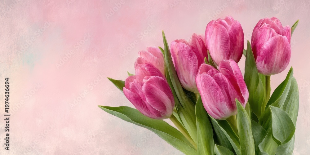 Obraz premium The tulip bouquet on pastel backdrop showcasing pink spring flowers and fresh green leaves