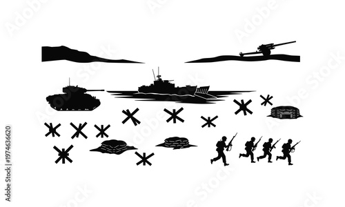 War scene tank ship soldiers advancing artillery and obstacles vector.