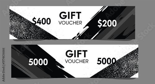 Modern gift voucher templates in black and white with artistic brush stroke designs and various monetary values for retail business.
