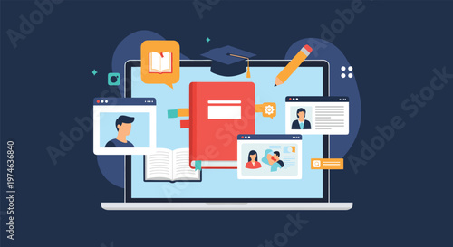 Online education and distance learning concept with a laptop featuring various educational icons, windows, and graduation cap.