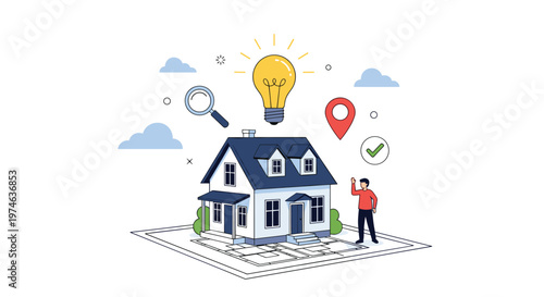 Real estate and home searching concept with a house model on a blueprint surrounded by a magnifying glass and location pin.