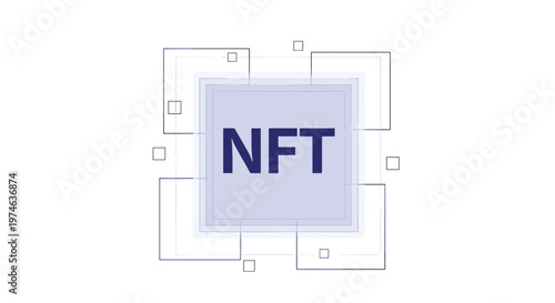 NFT non-fungible token concept illustration with text in a blue box surrounded by stylized digital squares and connecting lines.