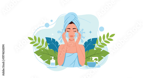 Young woman wearing a towel washing her face with water splashes surrounded by tropical green leaves and skincare product icons.