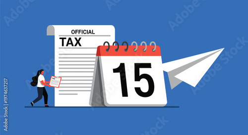 Tax filing and payment deadline concept showing an official tax document, a calendar marked with the 15th, and a woman accountant.