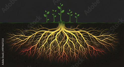 Scientific illustration of plant root development showing nutrient uptake from the soil with color-coded gradients for agricultural research