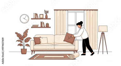 Woman arranging decorative pillow on modern living room sofa in cozy home interior vector illustration showing minimalist lifestyle and house cleaning