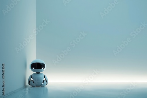 small robot placed in bottom corner with vast empty gradient space above, minimal composition, soft lighting, clean design