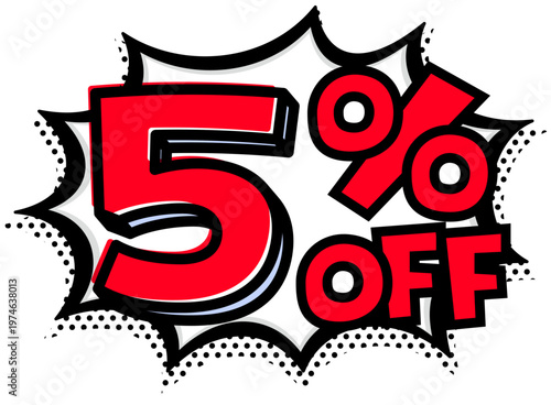 5%OFFの文字入りトゲトゲ吹き出し。黒太線のポップな爆発アイコン。セール・値札用素材。