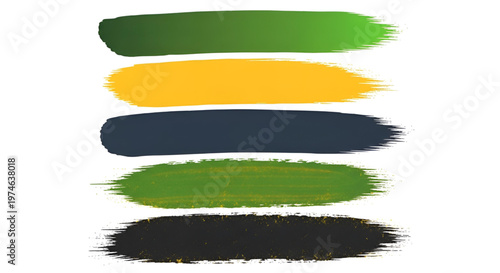 Set of five artistic paint brush strokes in shades of green yellow grey and black on white background
