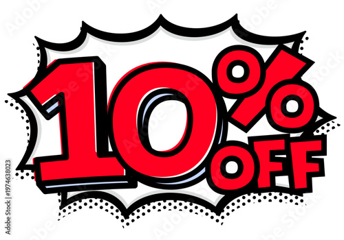 10%OFFの文字入りトゲトゲ吹き出し。黒太線のポップな爆発アイコン。セール・値札用素材。