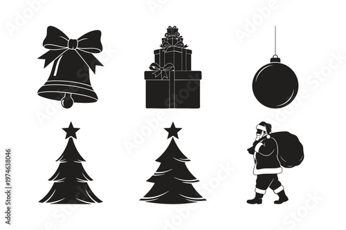 Christmas silhouette set bundle with holiday gifts and santa claus.