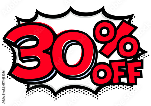 30%OFFの文字入りトゲトゲ吹き出し。黒太線のポップな爆発アイコン。セール・値札用素材。