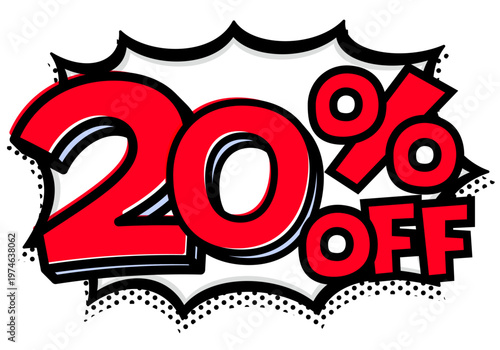 20%OFFの文字入りトゲトゲ吹き出し。黒太線のポップな爆発アイコン。セール・値札用素材。