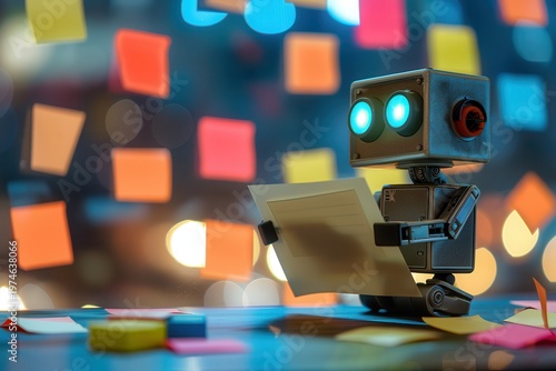 small robot with glowing eyes holding note paper, colorful sticky notes arranged on desk, background softly blurred with bokeh, cinematic lighting