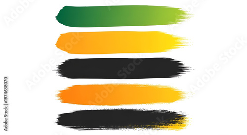 Set of horizontal paint brush strokes in green, yellow, black and orange colors on white background.