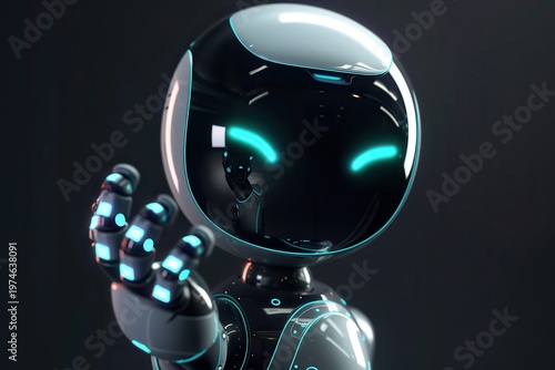 small rounded robot assistant with glowing cyan UI held in palm, smooth reflective materials, dark studio lighting, ultra clean 3D render