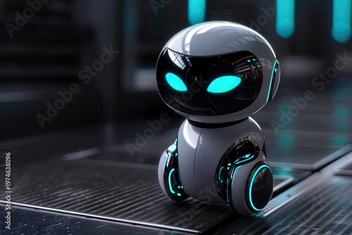 small rounded robot assistant with glowing cyan UI held in palm, smooth reflective materials, dark studio lighting, ultra clean 3D render
