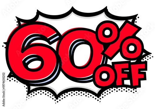 60%OFFの文字入りトゲトゲ吹き出し。黒太線のポップな爆発アイコン。セール・値札用素材。