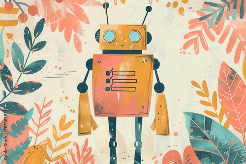 soft painterly robot illustration with checklist, abstract plant shapes, grain texture, pastel color system, friendly tone