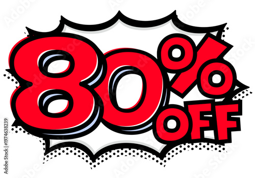 80%OFFの文字入りトゲトゲ吹き出し。黒太線のポップな爆発アイコン。セール・値札用素材。