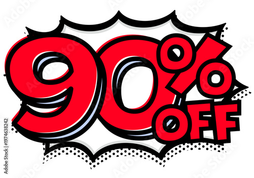 90%OFFの文字入りトゲトゲ吹き出し。黒太線のポップな爆発アイコン。セール・値札用素材。