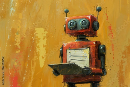 textured illustration of robot helper with task list, rough paint strokes, warm yellow background, cozy visual style