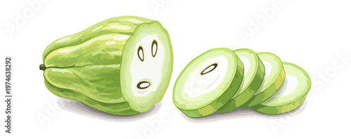 Chayote squash illustration sliced for cooking
