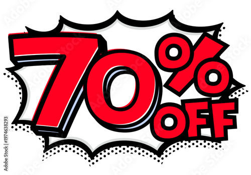 70%OFFの文字入りトゲトゲ吹き出し。黒太線のポップな爆発アイコン。セール・値札用素材。