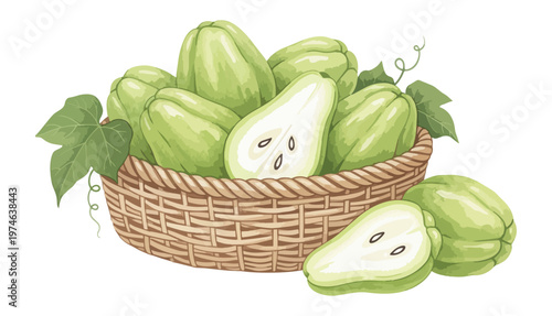 Fresh chayote squash in wicker basket isolated on black background