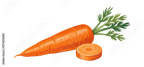 Fresh orange carrot with green leaves and slice on black background
