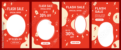 Four red flash sale banners with white graphics and text overlays are displayed side by side on a plain background