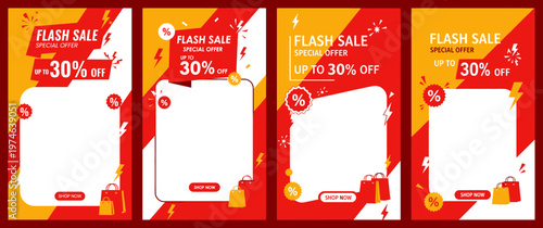 Discount banners with flash sale signs displayed on colorful abstract backgrounds