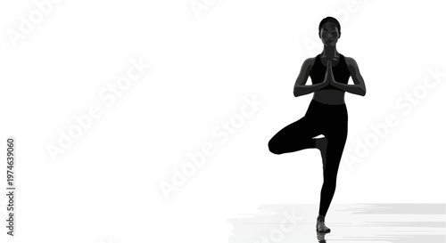 Silhouette of a woman in Tree Pose (Vrikshasana) on a white background, yoga, fitness, balance