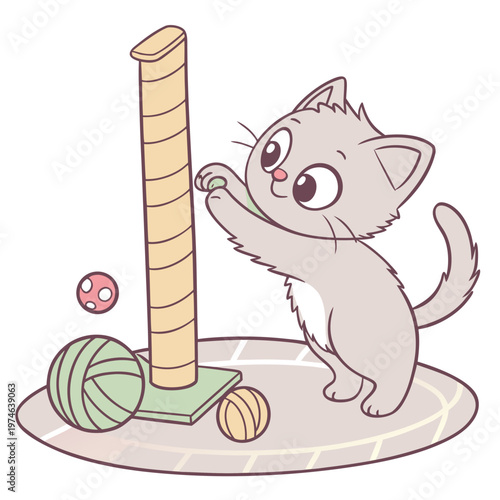 Cartoon of a gray kitten playing with a scratching post