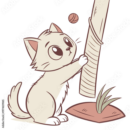 Cartoon of a beige kitten playing with a scratching post