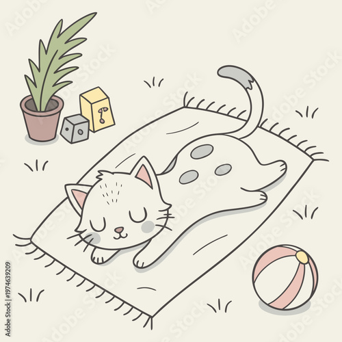 Cartoon cat sleeping on a rug with toys and plant kitten