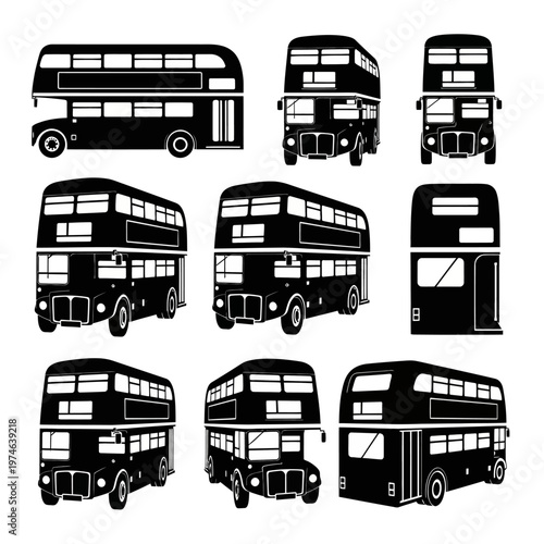 Collection of Black Double Decker Bus Silhouettes on White Background