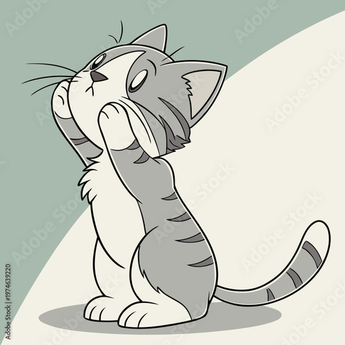 Cartoon cat washing face with paw kitten cute