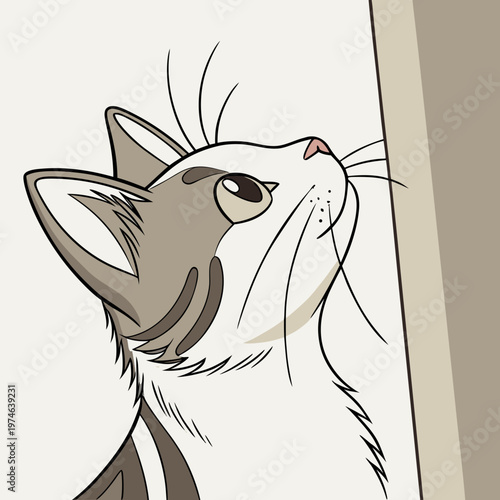 Cartoon cat looking up with whiskers and pink nose feline animal