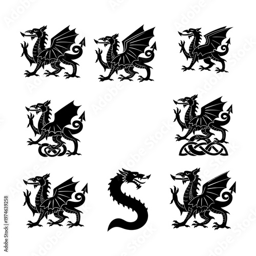 Collection of Welsh Dragon Symbols, Celtic Knot Designs, and Mythical Creature Silhouettes